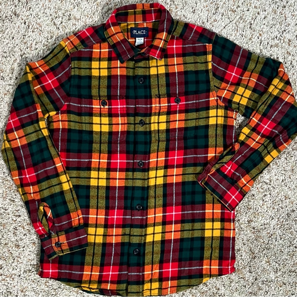 The Children’s Place Boys Plaid Flannel Shirt – Red Green Yellow, Size 10/12